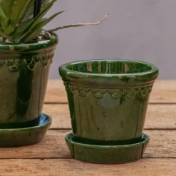 Scalloped Tapered Plant Pot With Saucer - Dark Green -Garden & Outdoors pr2000035578 card3 lg